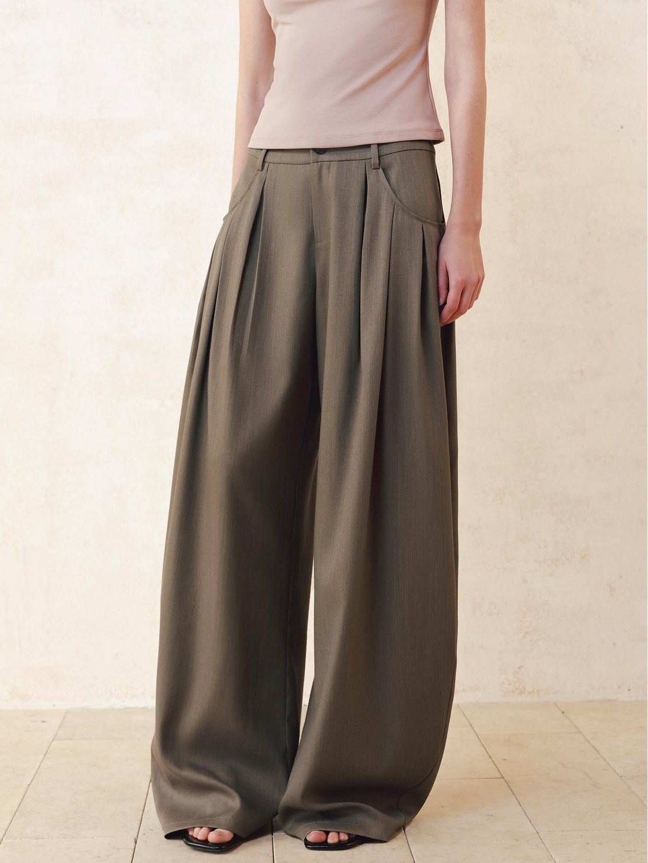 someonesometimes Polyester Cotton Lined Casual Curved Cut Natural Waist Women Wide Leg Pants