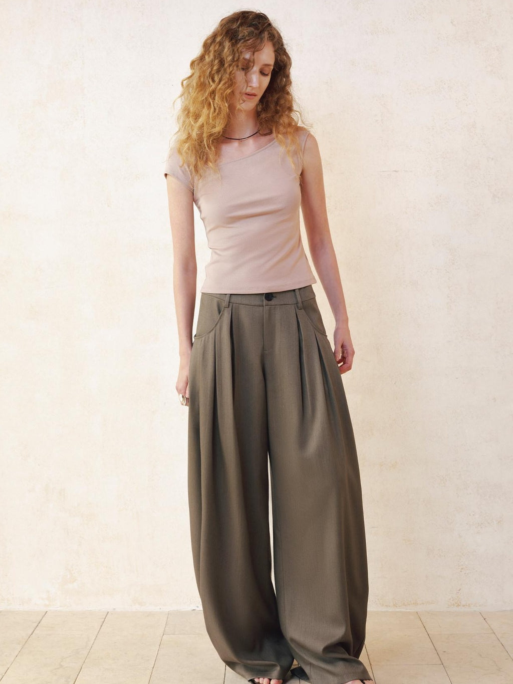 someonesometimes Polyester Cotton Lined Casual Curved Cut Natural Waist Women Wide Leg Pants