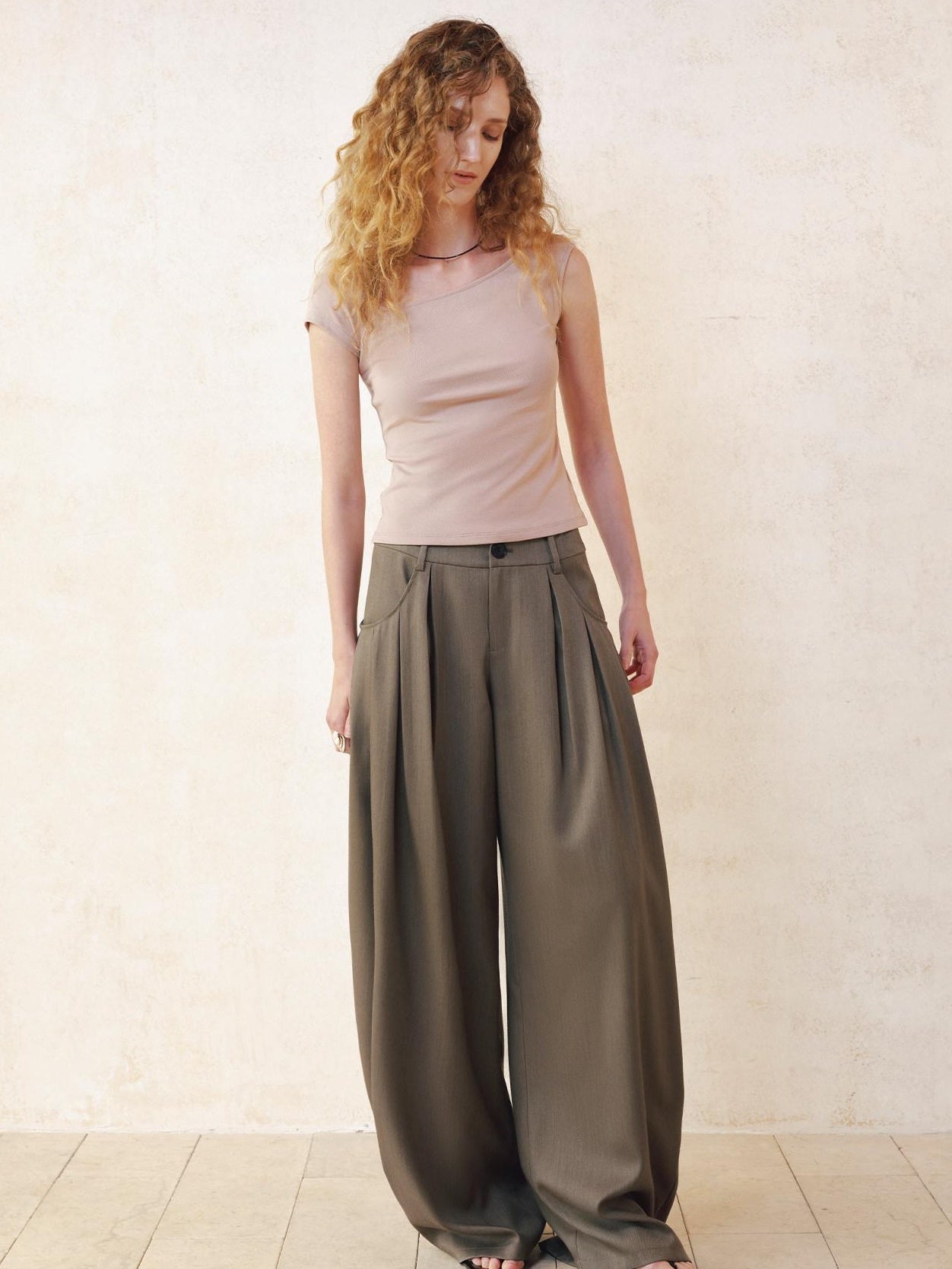 someonesometimes Polyester Cotton Lined Casual Curved Cut Natural Waist Women Wide Leg Pants