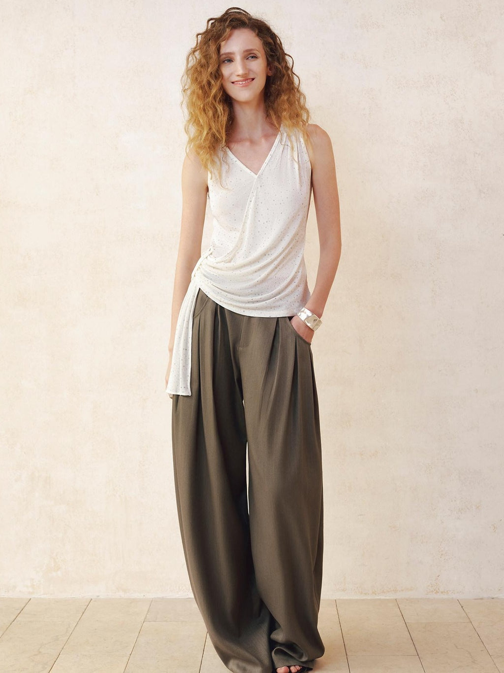 someonesometimes Polyester Cotton Lined Casual Curved Cut Natural Waist Women Wide Leg Pants