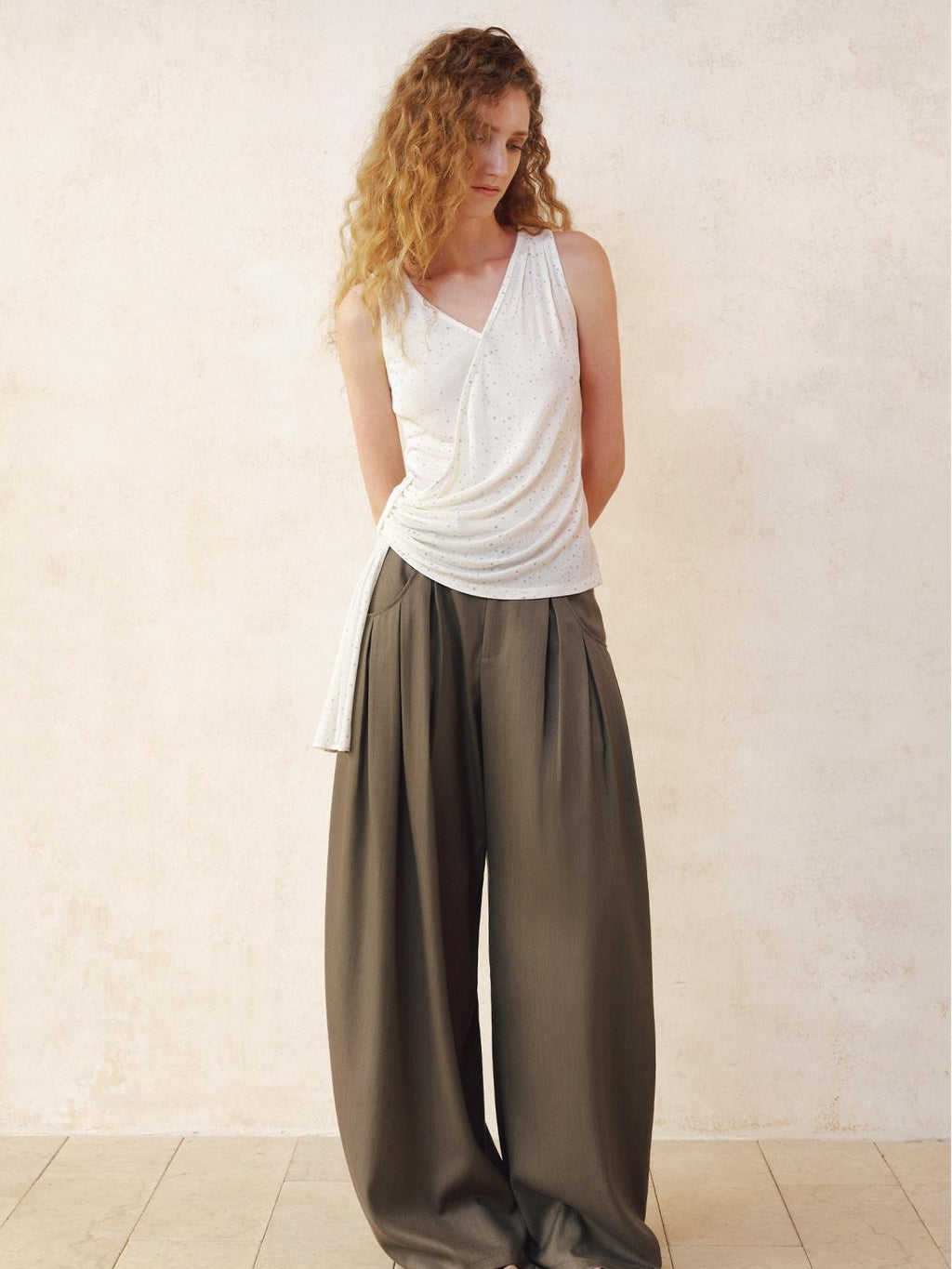 someonesometimes Polyester Cotton Lined Casual Curved Cut Natural Waist Women Wide Leg Pants