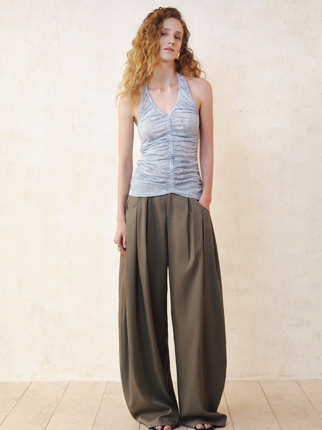 someonesometimes Polyester Cotton Lined Casual Curved Cut Natural Waist Women Wide Leg Pants