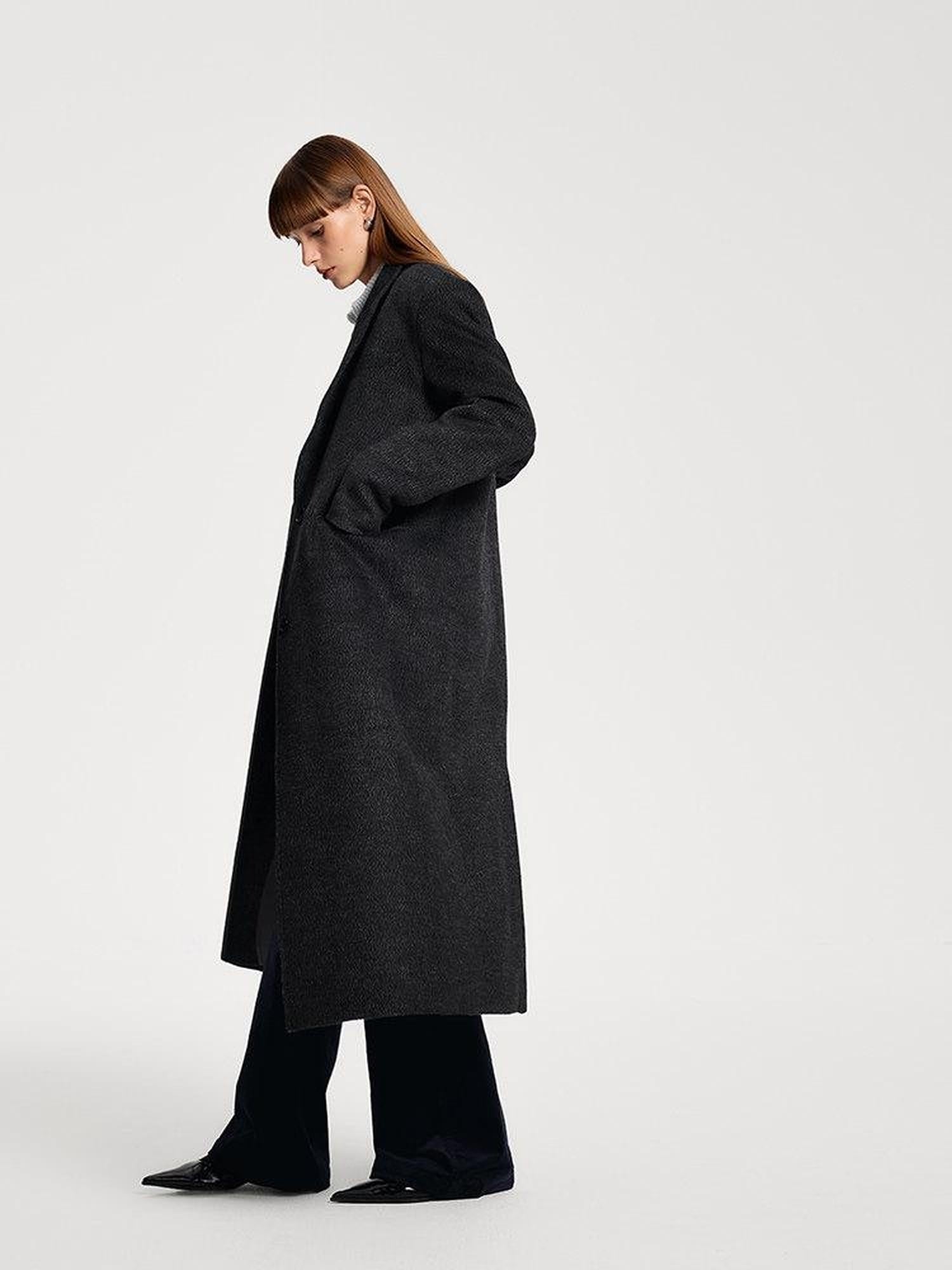 someonesometimes Premium 70 Wool Blend Long Single Breasted Commuter Women Charcoal Wool Coats