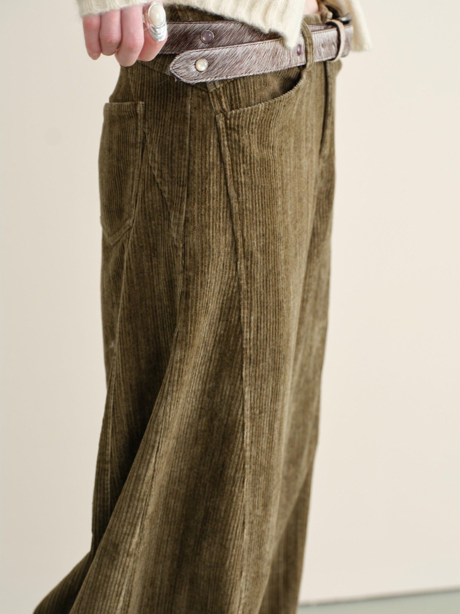 someonesometimes Pure Cotton Washed Vintage Balloon Natural Waist Moss Green Women Chinos