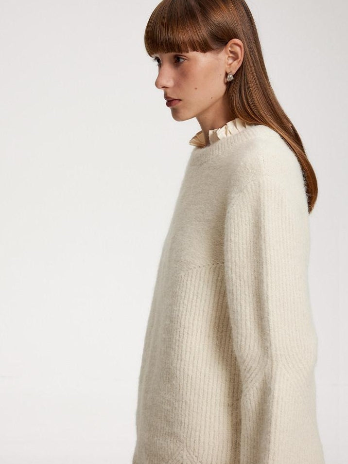 someonesometimes Recycled Viscose Wool Blend Commuter Crew Neck Pullover Cream Sweaters