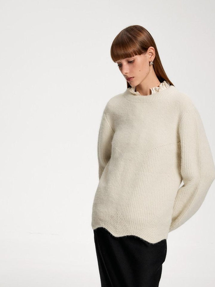 someonesometimes Recycled Viscose Wool Blend Commuter Crew Neck Pullover Cream Sweaters