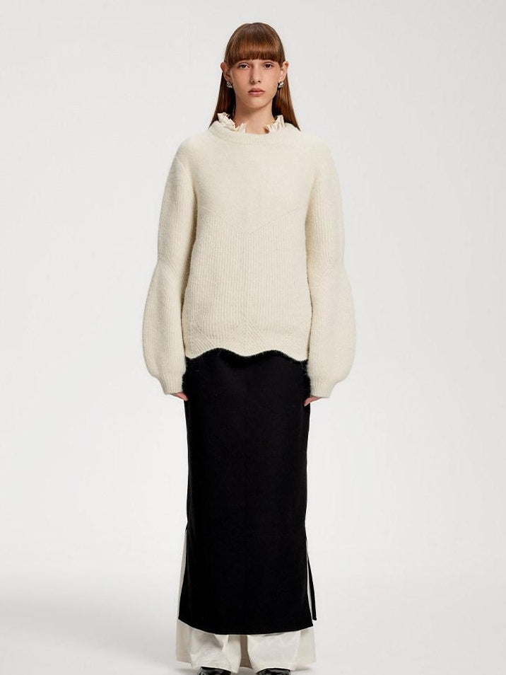 someonesometimes Recycled Viscose Wool Blend Commuter Crew Neck Pullover Cream Sweaters