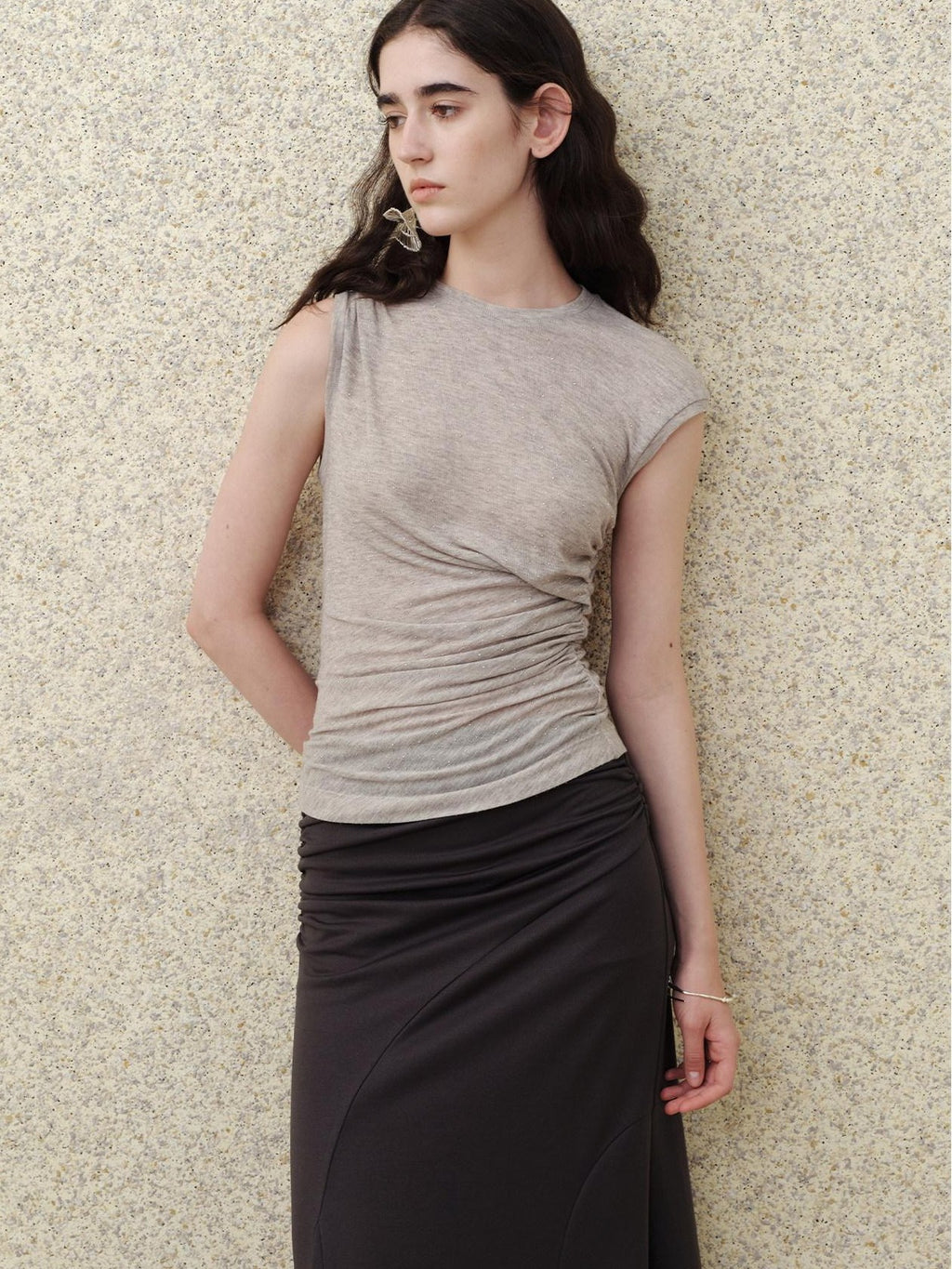 someonesometimes Rhinestone Galaxy Cropped Asymmetric Neck Slim Dusty Gray Short Sleeve T-Shirts
