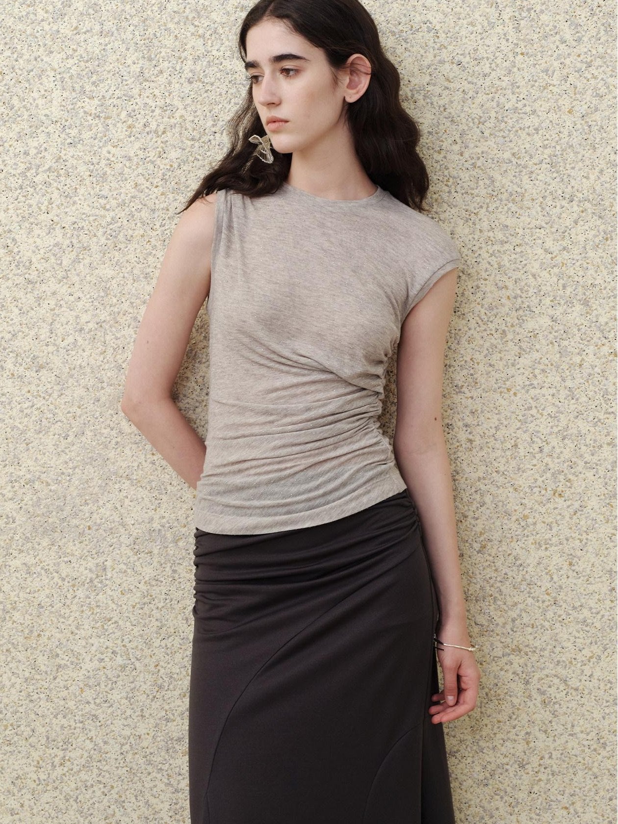 someonesometimes Rhinestone Galaxy Cropped Asymmetric Neck Slim Dusty Gray Short Sleeve T-Shirts