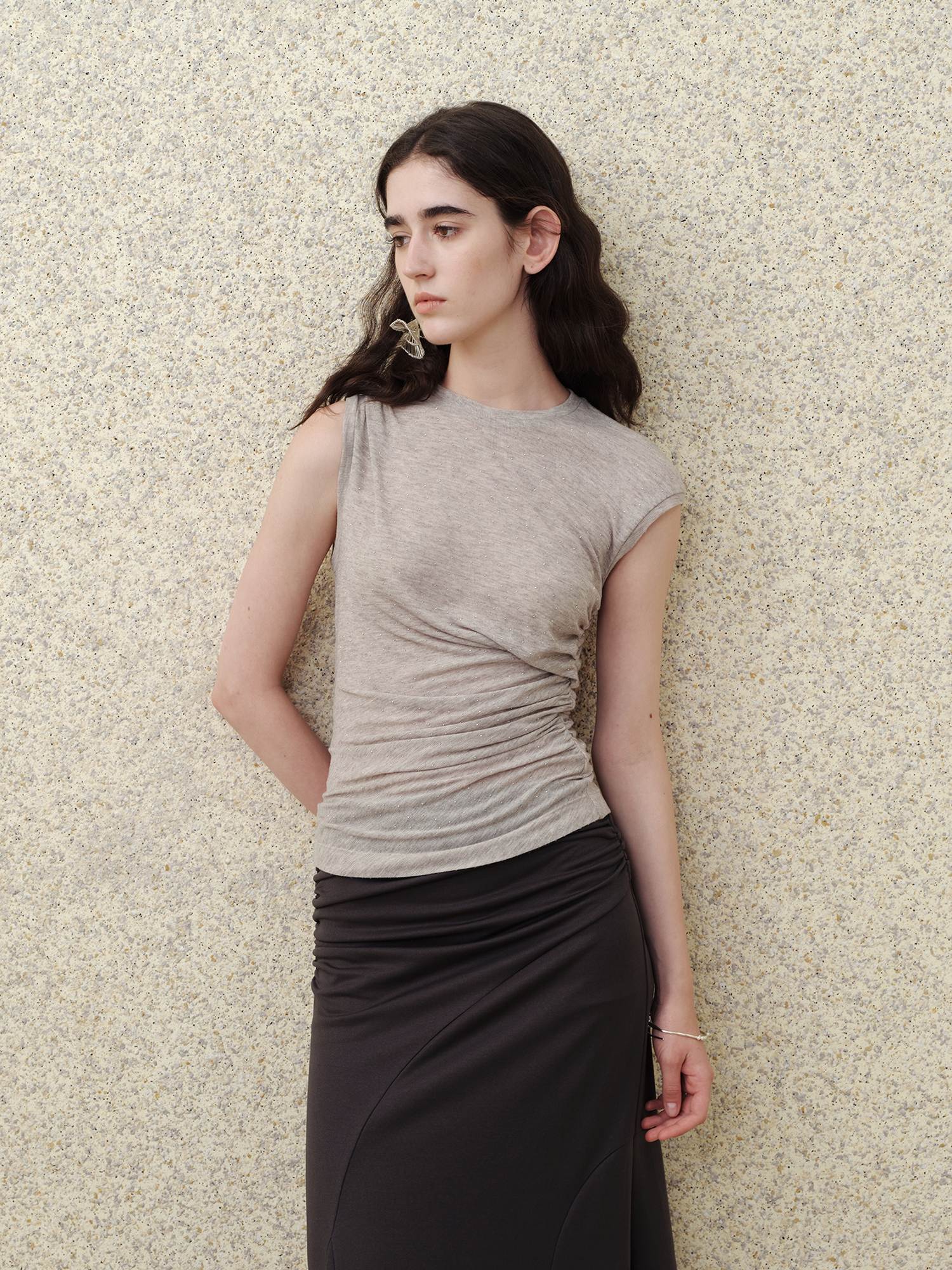 someonesometimes Rhinestone Galaxy Cropped Asymmetric Neck Slim Dusty Gray Short Sleeve T-Shirts