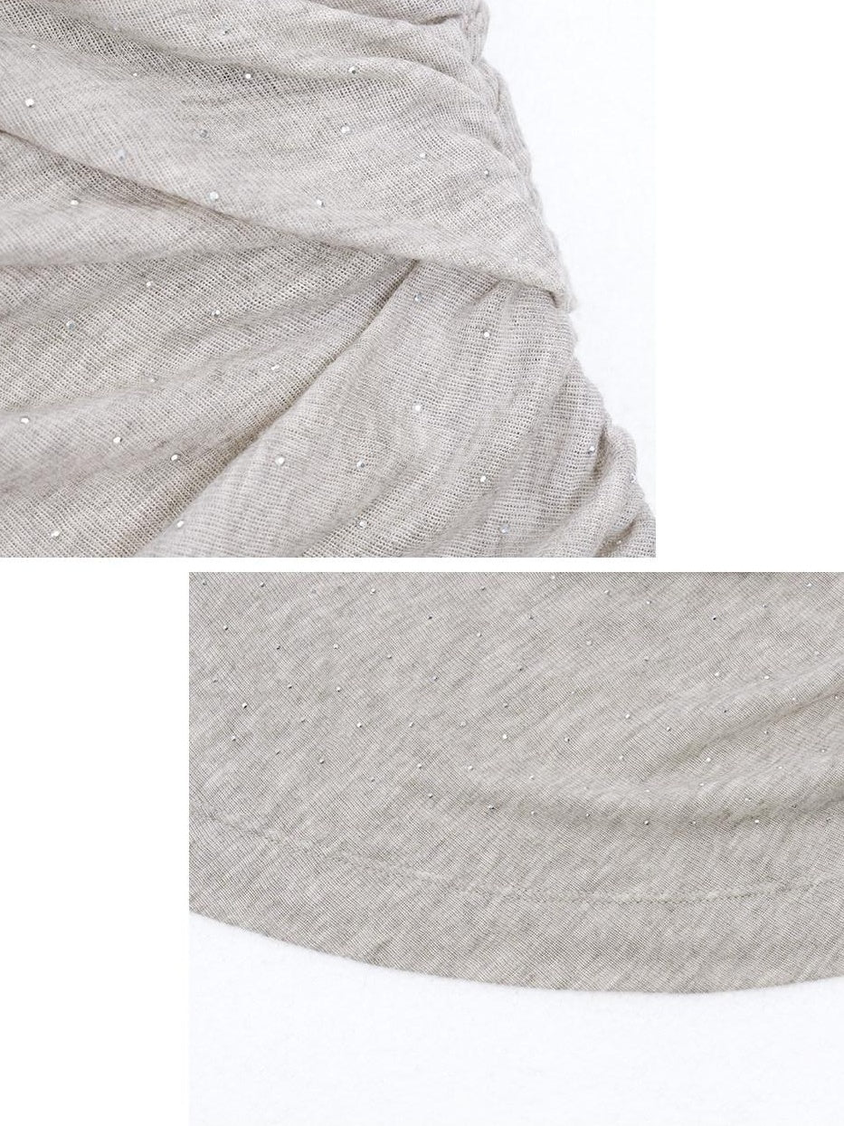 someonesometimes Rhinestone Galaxy Cropped Asymmetric Neck Slim Dusty Gray Short Sleeve T-Shirts