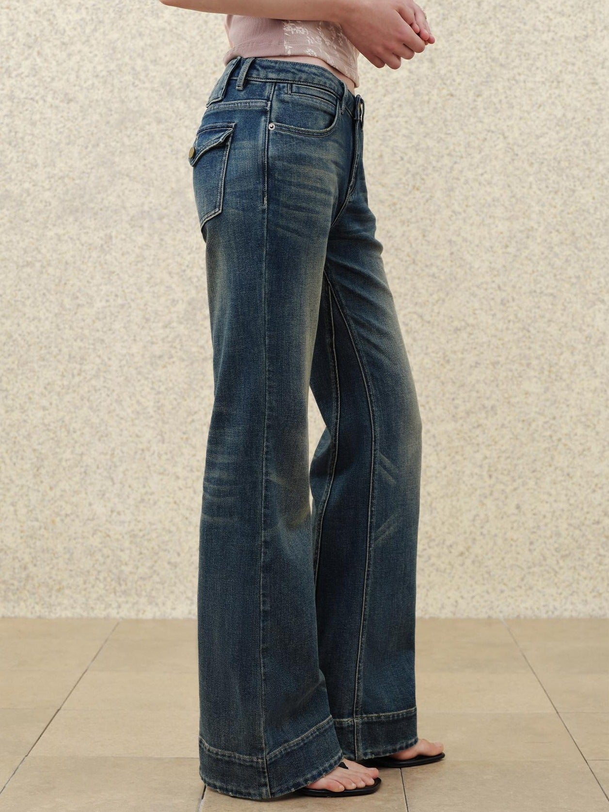 someonesometimes Ripped Distressed Slim Fit Low Waist Women Cotton Vintage Blue Flared Jeans