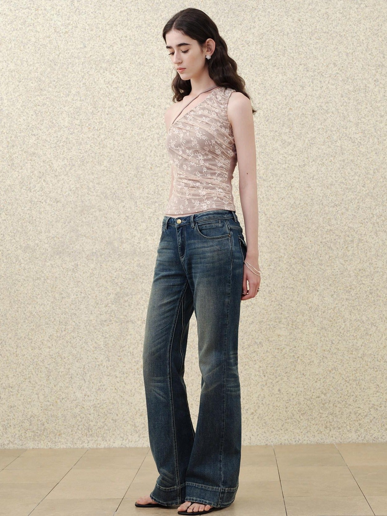 someonesometimes Ripped Distressed Slim Fit Low Waist Women Cotton Vintage Blue Flared Jeans