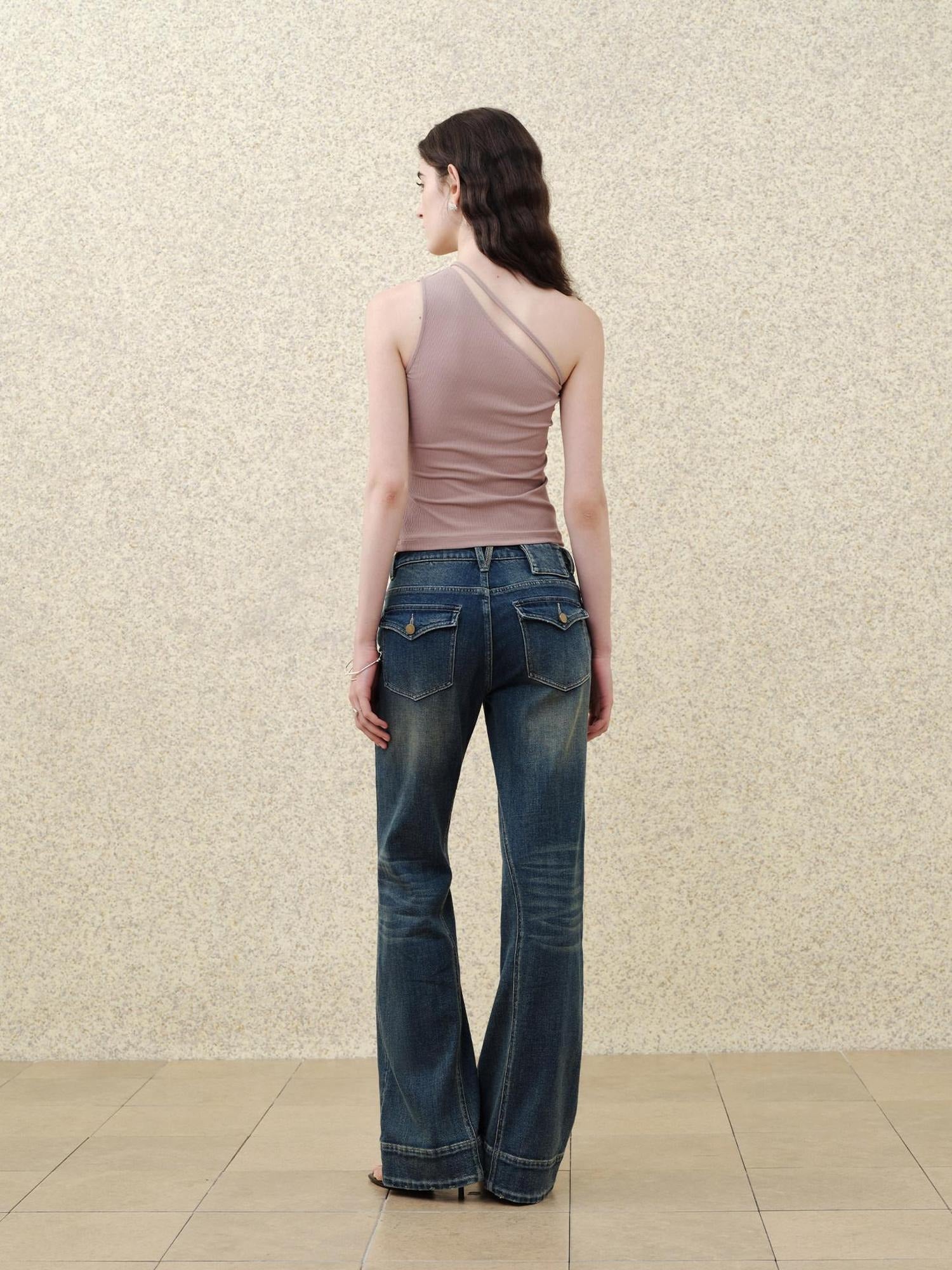 someonesometimes Ripped Distressed Slim Fit Low Waist Women Cotton Vintage Blue Flared Jeans