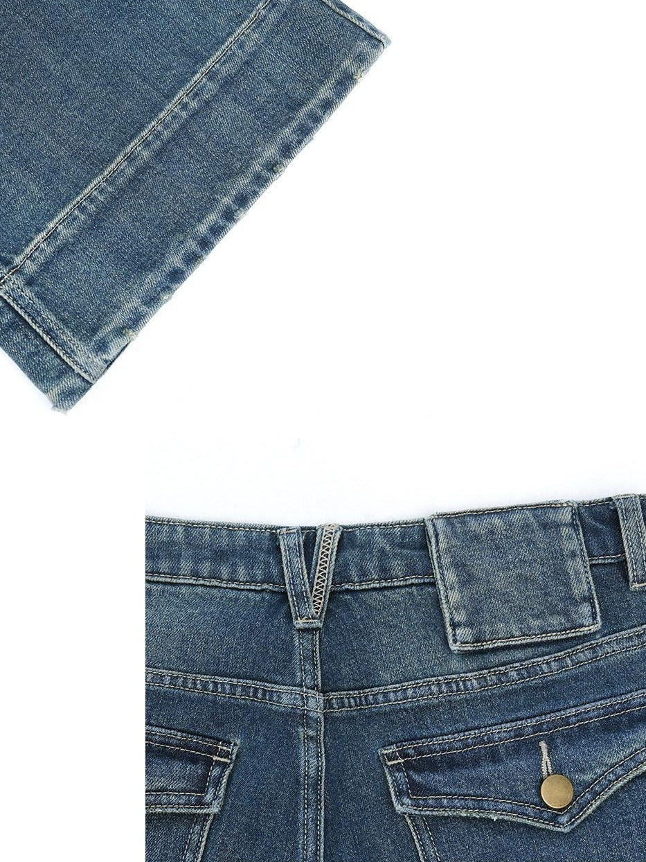someonesometimes Ripped Distressed Slim Fit Low Waist Women Cotton Vintage Blue Flared Jeans