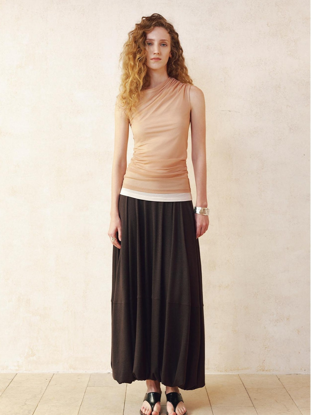 someonesometimes Ruched Asymmetric One Shoulder Slim Tencel Blend Women Peach Tank Tops