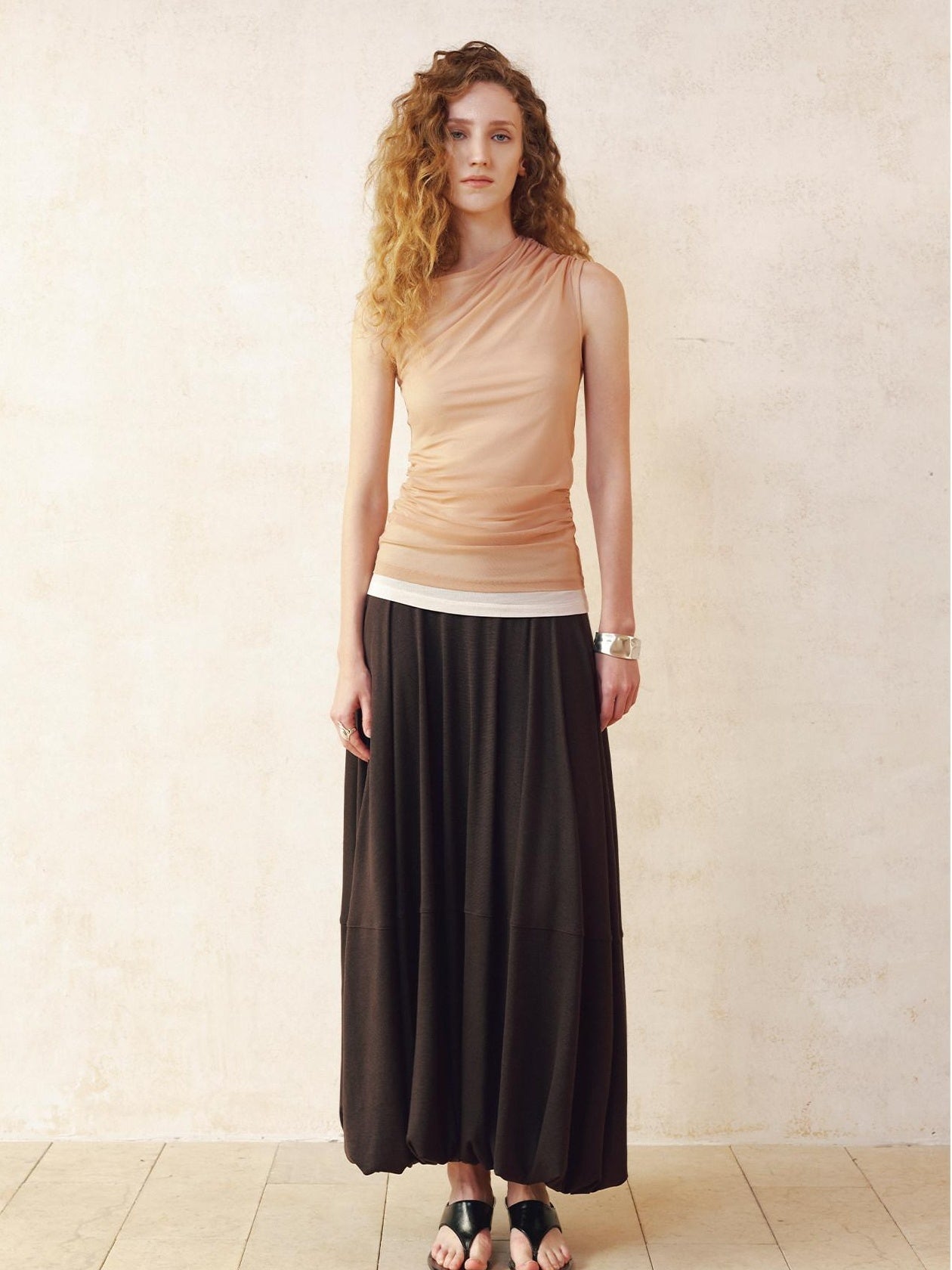 someonesometimes Ruched Asymmetric One Shoulder Slim Tencel Blend Women Peach Tank Tops