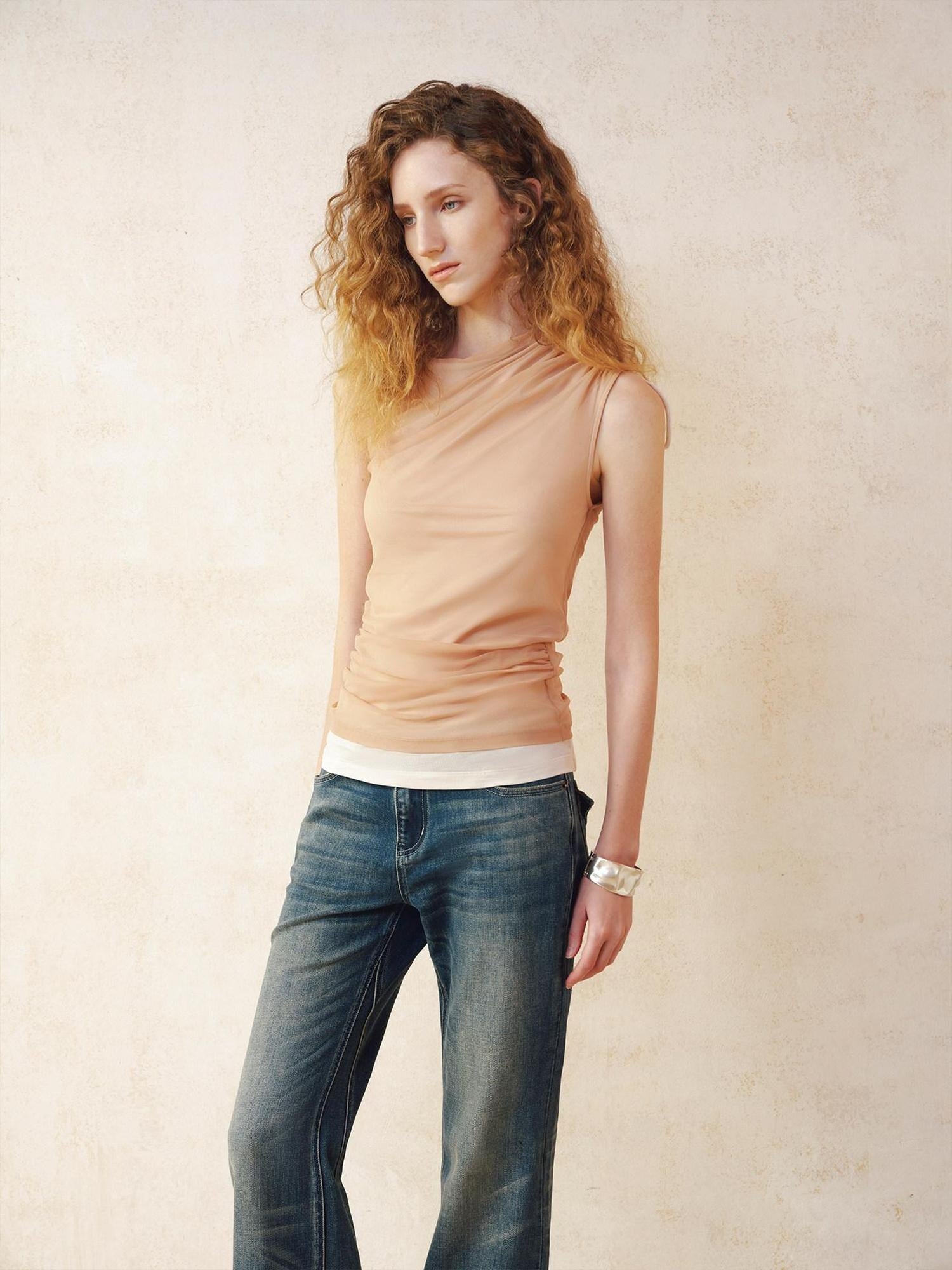 someonesometimes Ruched Asymmetric One Shoulder Slim Tencel Blend Women Peach Tank Tops