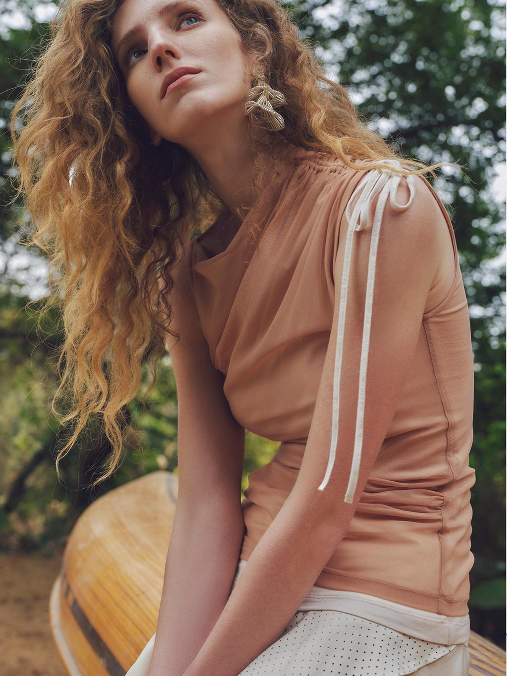 someonesometimes Ruched Asymmetric One Shoulder Slim Tencel Blend Women Peach Tank Tops