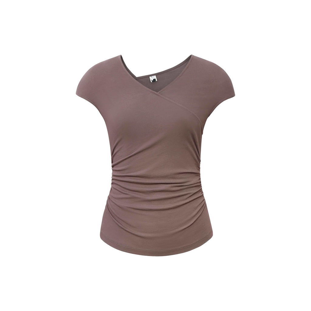 someonesometimes_Ruched_Cotton_Slim_Fit_Retro_V-neck_Women_Light_Khaki_Short_Sleeve_T-Shirts_MISSTT