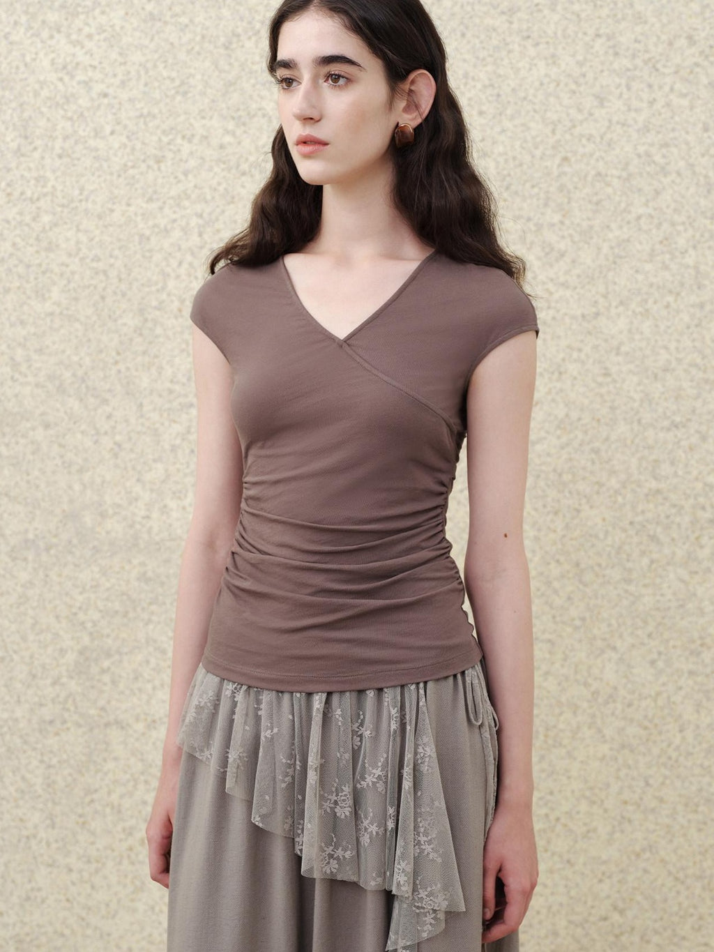someonesometimes Ruched Cotton Slim Fit Retro V-neck Women Light Khaki Short Sleeve T-Shirts