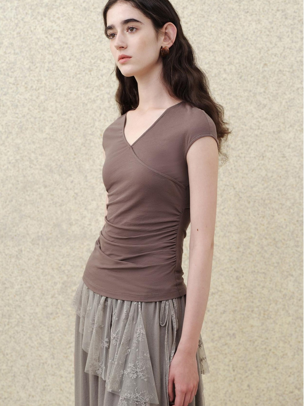 someonesometimes Ruched Cotton Slim Fit Retro V-neck Women Light Khaki Short Sleeve T-Shirts
