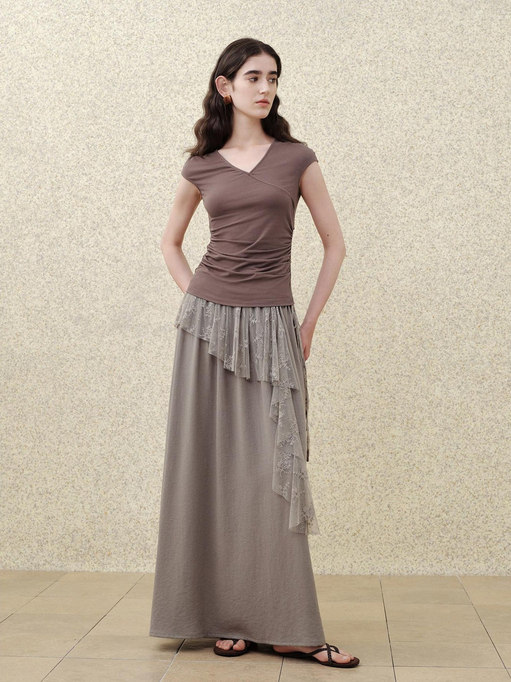someonesometimes Ruched Cotton Slim Fit Retro V-neck Women Light Khaki Short Sleeve T-Shirts
