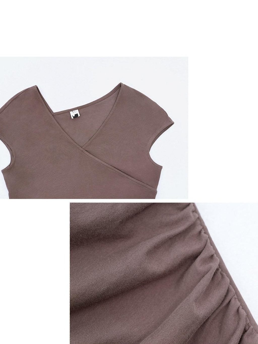 someonesometimes Ruched Cotton Slim Fit Retro V-neck Women Light Khaki Short Sleeve T-Shirts