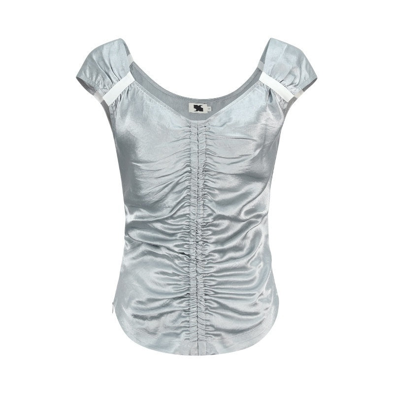 someonesometimes_Ruched_Slim_Casual_V-neck_Cropped_Acetate_Silver_Short_Sleeve_T-Shirts_MISSTT