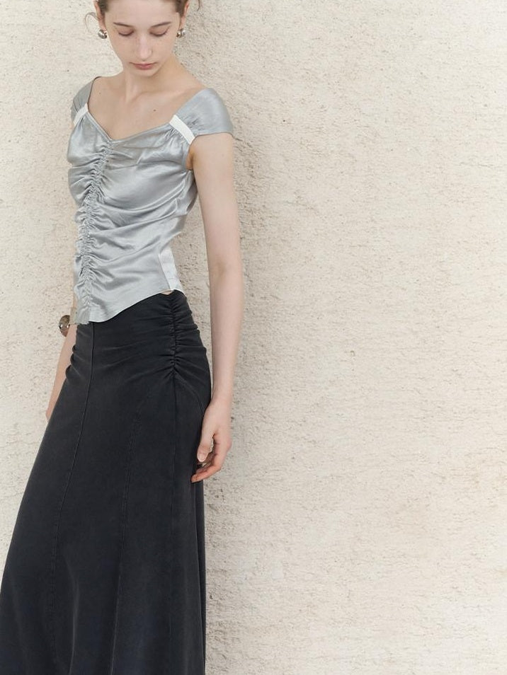 someonesometimes Ruched Slim Casual V-neck Cropped Acetate Silver Short Sleeve T-Shirts