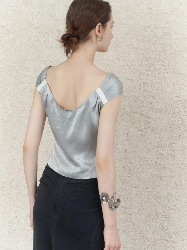 someonesometimes Ruched Slim Casual V-neck Cropped Acetate Silver Short Sleeve T-Shirts