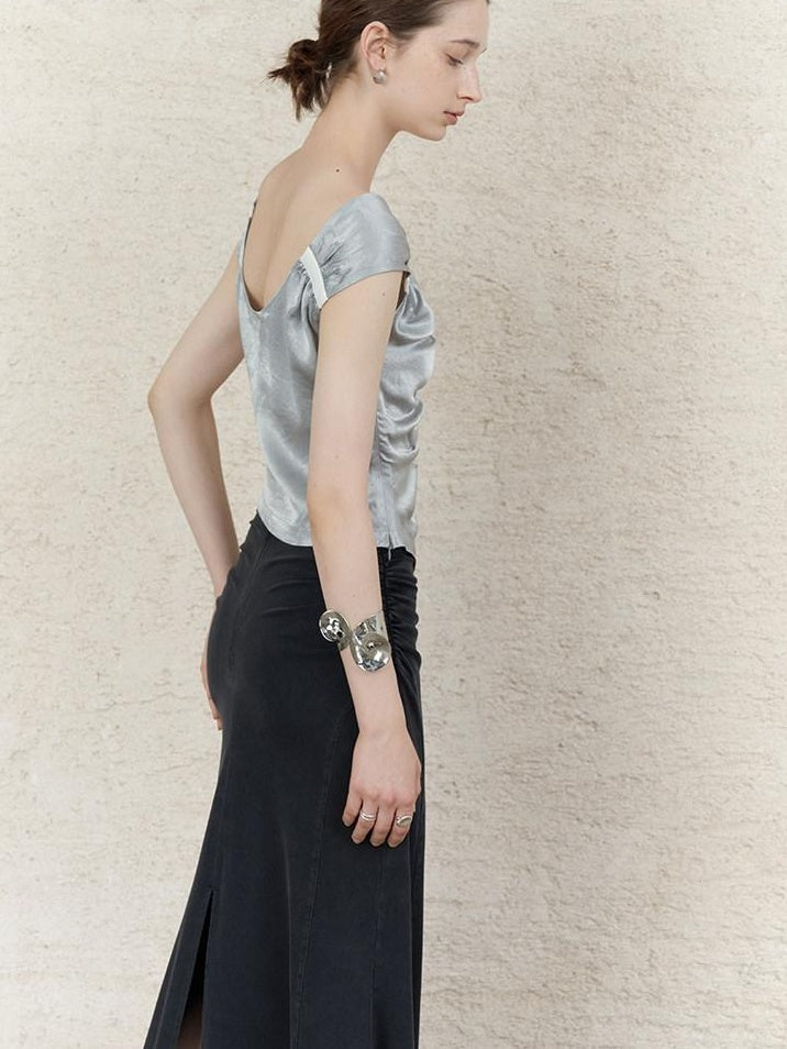 someonesometimes Ruched Slim Casual V-neck Cropped Acetate Silver Short Sleeve T-Shirts