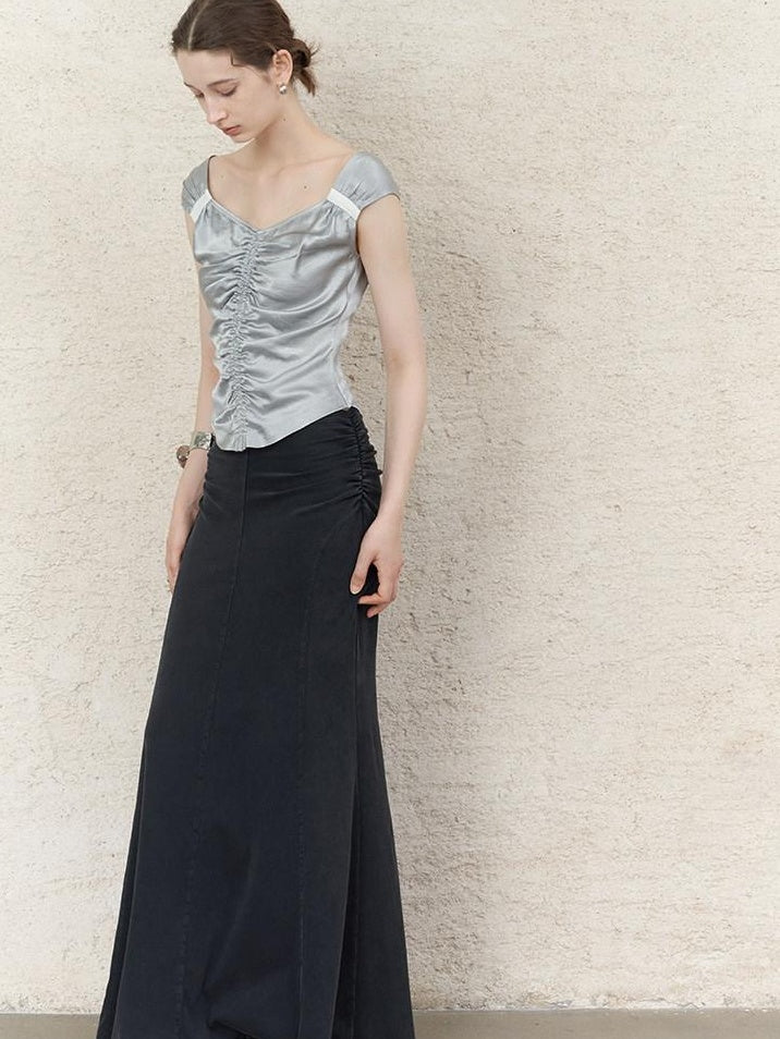someonesometimes Ruched Slim Casual V-neck Cropped Acetate Silver Short Sleeve T-Shirts