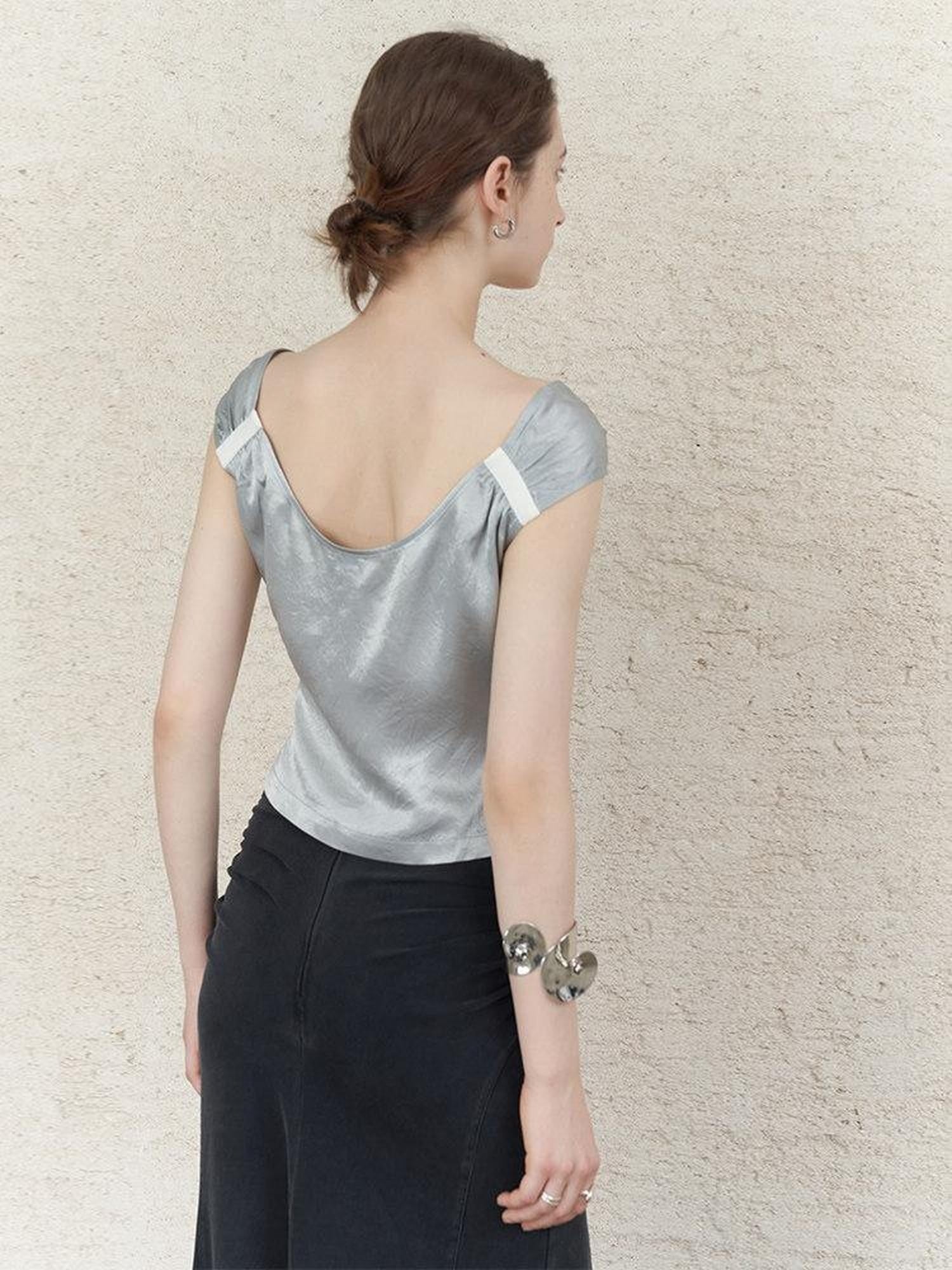 someonesometimes Ruched Slim Casual V-neck Cropped Acetate Silver Short Sleeve T-Shirts