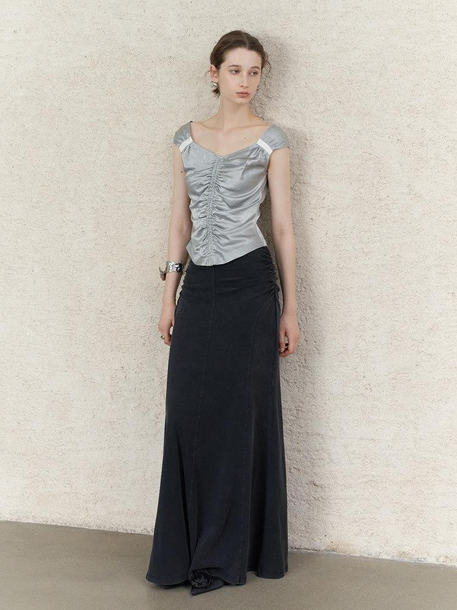 someonesometimes Ruched Slim Casual V-neck Cropped Acetate Silver Short Sleeve T-Shirts