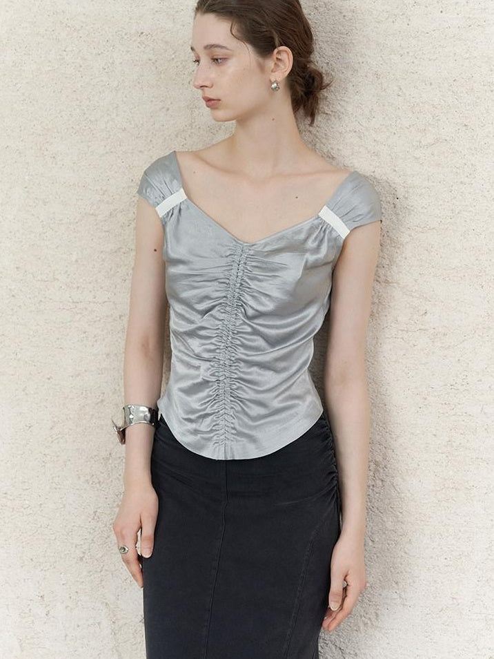 someonesometimes Ruched Slim Casual V-neck Cropped Acetate Silver Short Sleeve T-Shirts