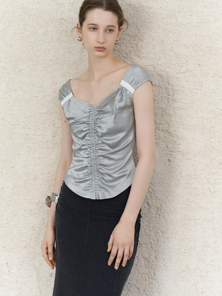 someonesometimes Ruched Slim Casual V-neck Cropped Acetate Silver Short Sleeve T-Shirts