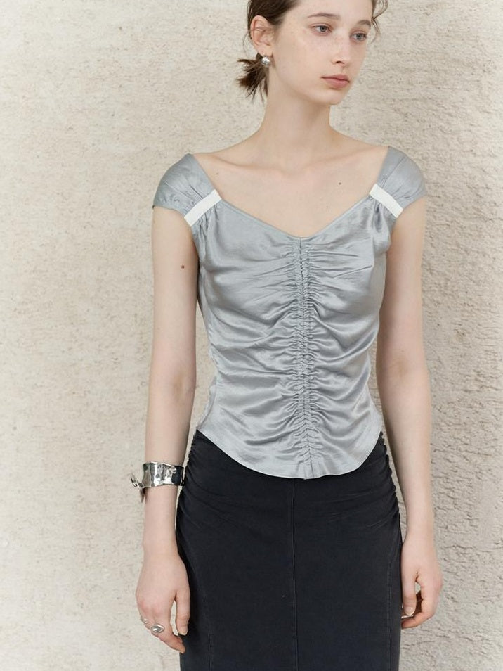 someonesometimes Ruched Slim Casual V-neck Cropped Acetate Silver Short Sleeve T-Shirts