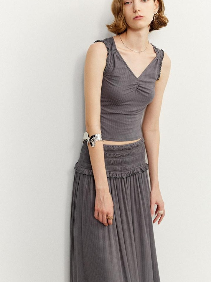 someonesometimes Ruffle Edge Original Slim Strappy Crop Viscose Blend Top & Skirt Sets