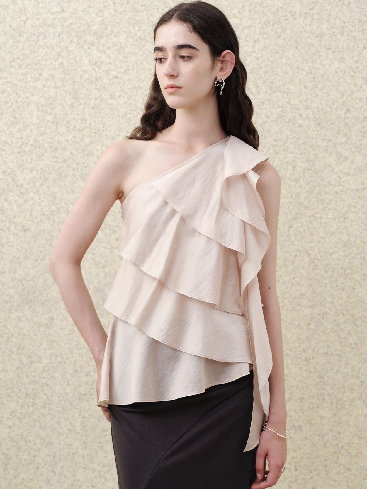 someonesometimes Ruffle One Shoulder Loose Tencel Modal Dusty Pink Women Off Shoulder Crop Tops