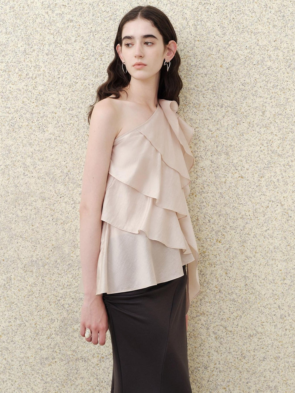 someonesometimes Ruffle One Shoulder Loose Tencel Modal Dusty Pink Women Off Shoulder Crop Tops