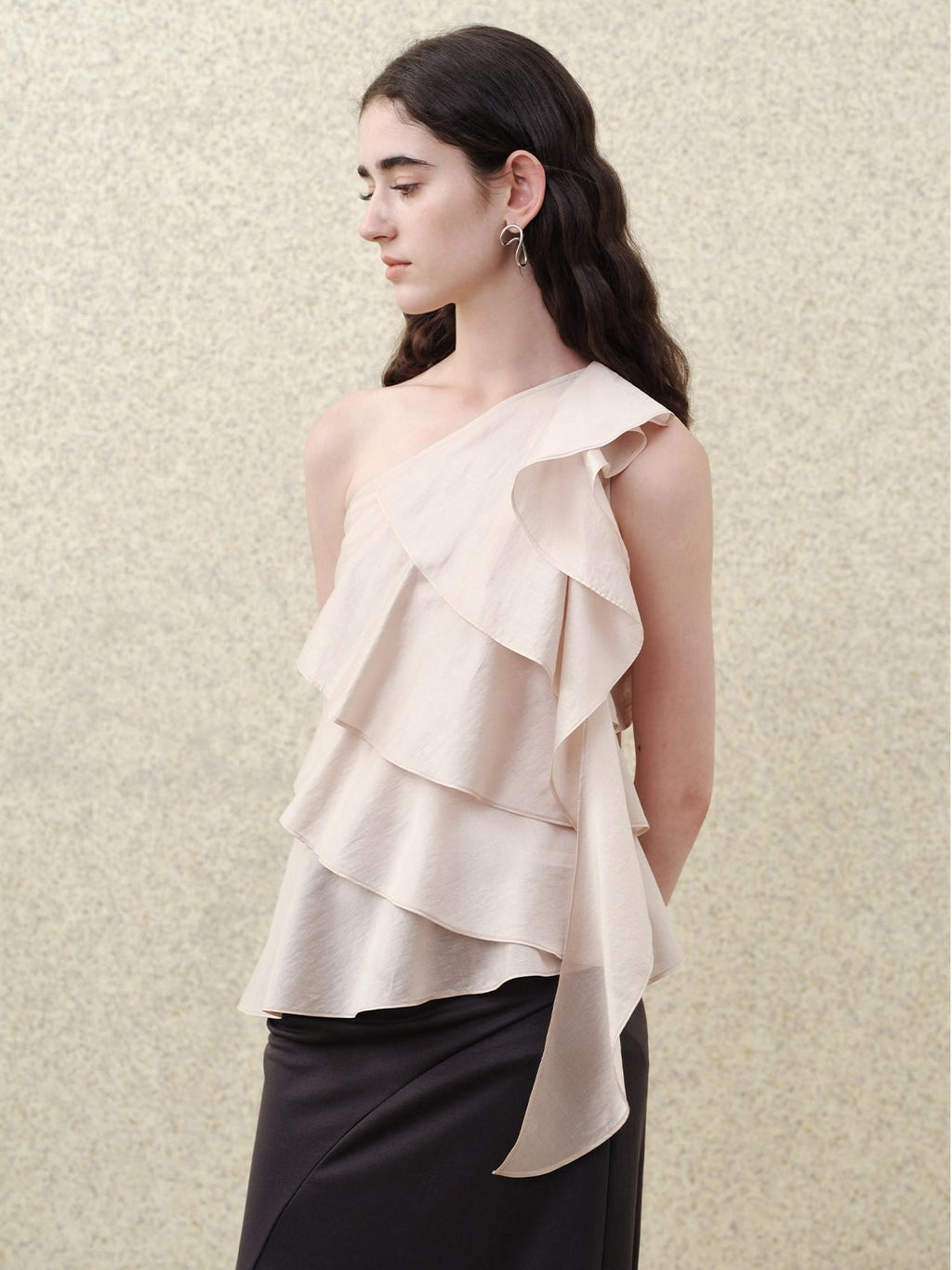 someonesometimes Ruffle One Shoulder Loose Tencel Modal Dusty Pink Women Off Shoulder Crop Tops