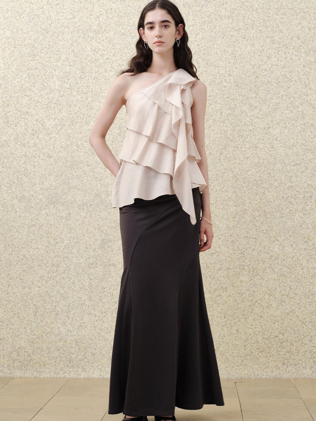 someonesometimes Ruffle One Shoulder Loose Tencel Modal Dusty Pink Women Off Shoulder Crop Tops
