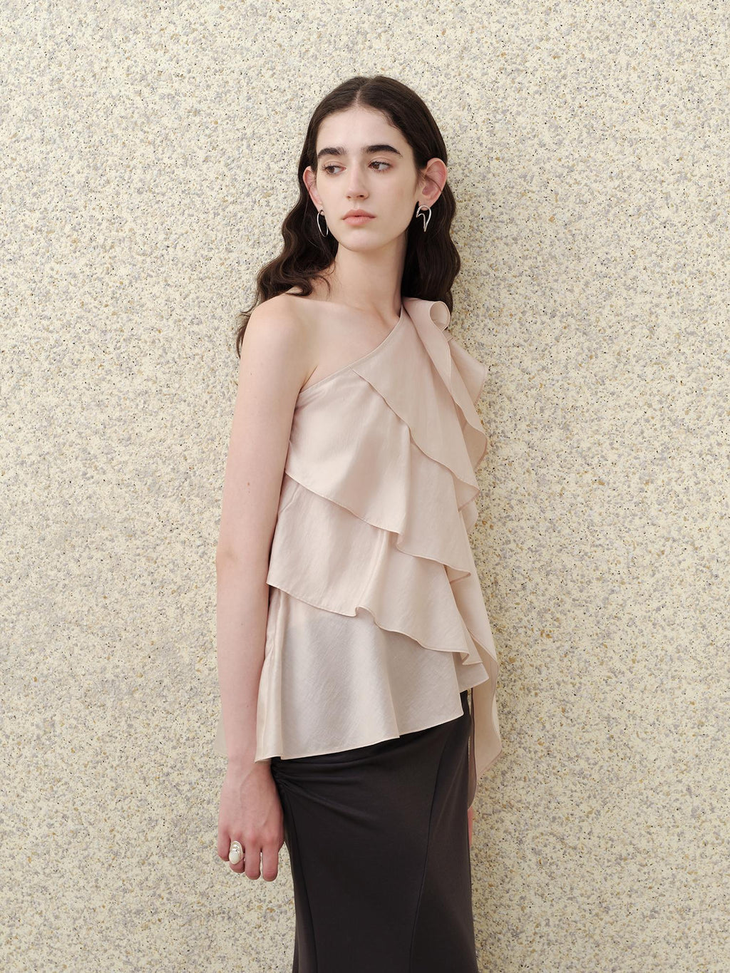 someonesometimes Ruffle One Shoulder Loose Tencel Modal Dusty Pink Women Off Shoulder Crop Tops