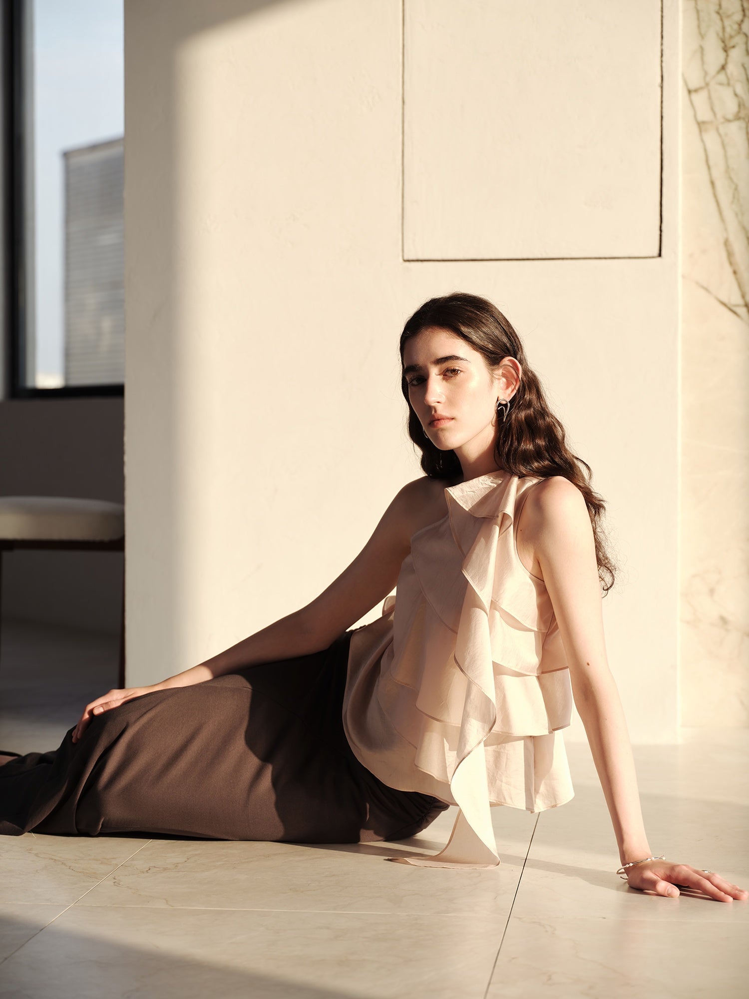 someonesometimes Ruffle One Shoulder Loose Tencel Modal Dusty Pink Women Off Shoulder Crop Tops