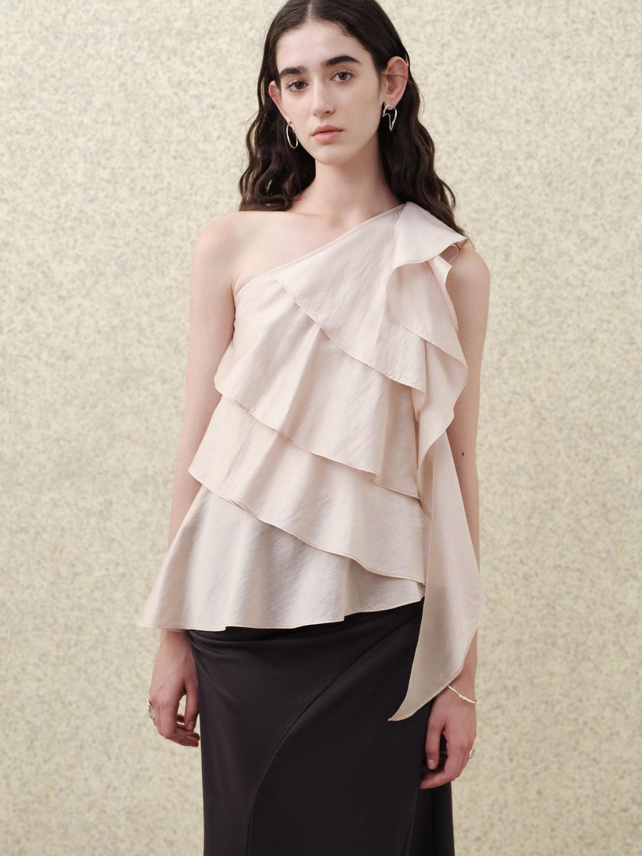 someonesometimes Ruffle One Shoulder Loose Tencel Modal Dusty Pink Women Off Shoulder Crop Tops