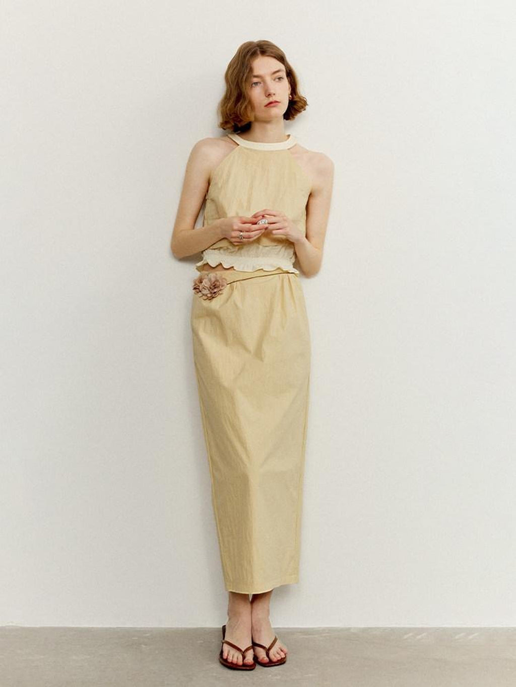 someonesometimes Ruffle Original Slim Fit Melon Halter Cotton Mix Top & Skirt Sets