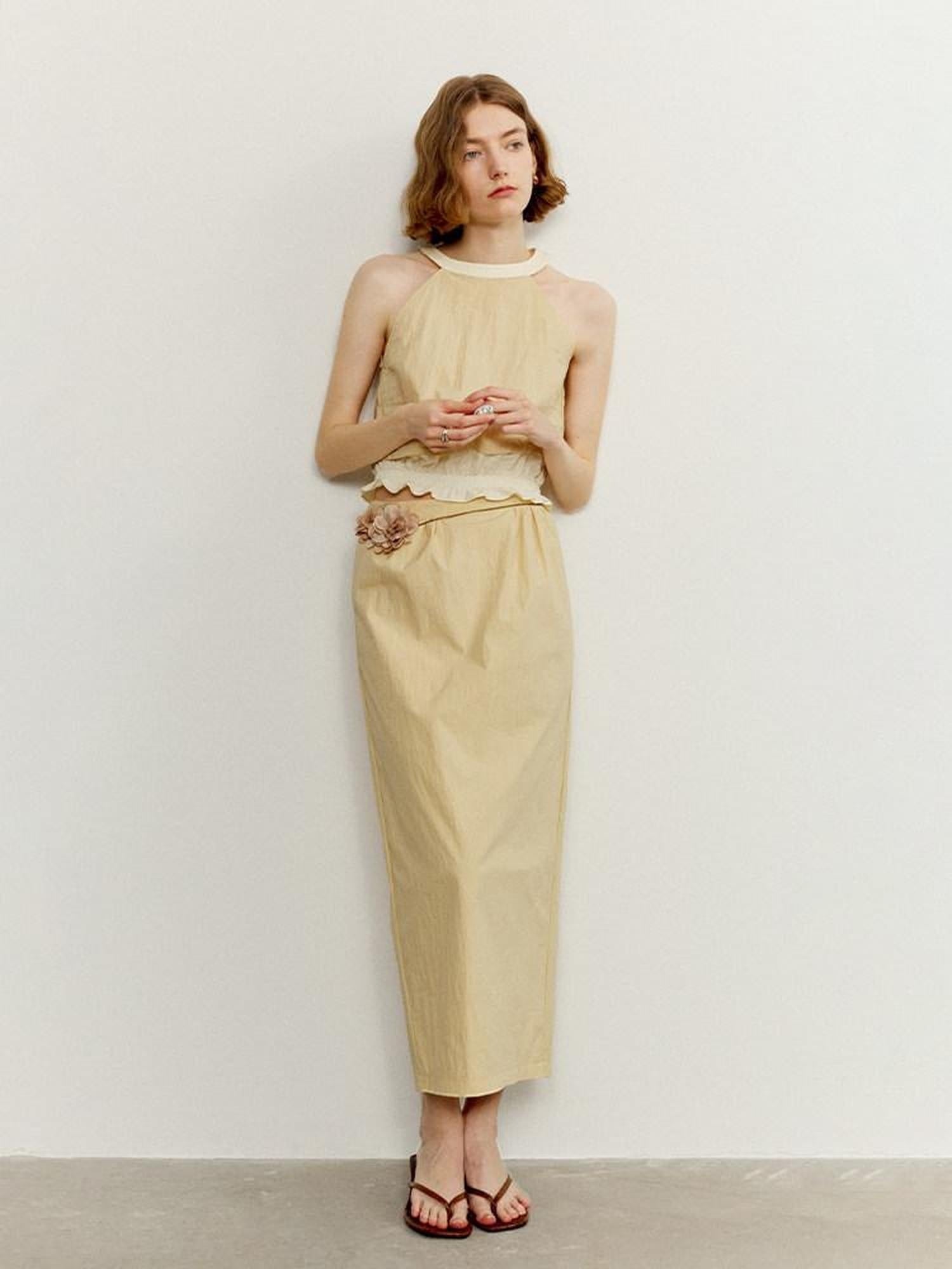 someonesometimes Ruffle Original Slim Fit Melon Halter Cotton Mix Top & Skirt Sets