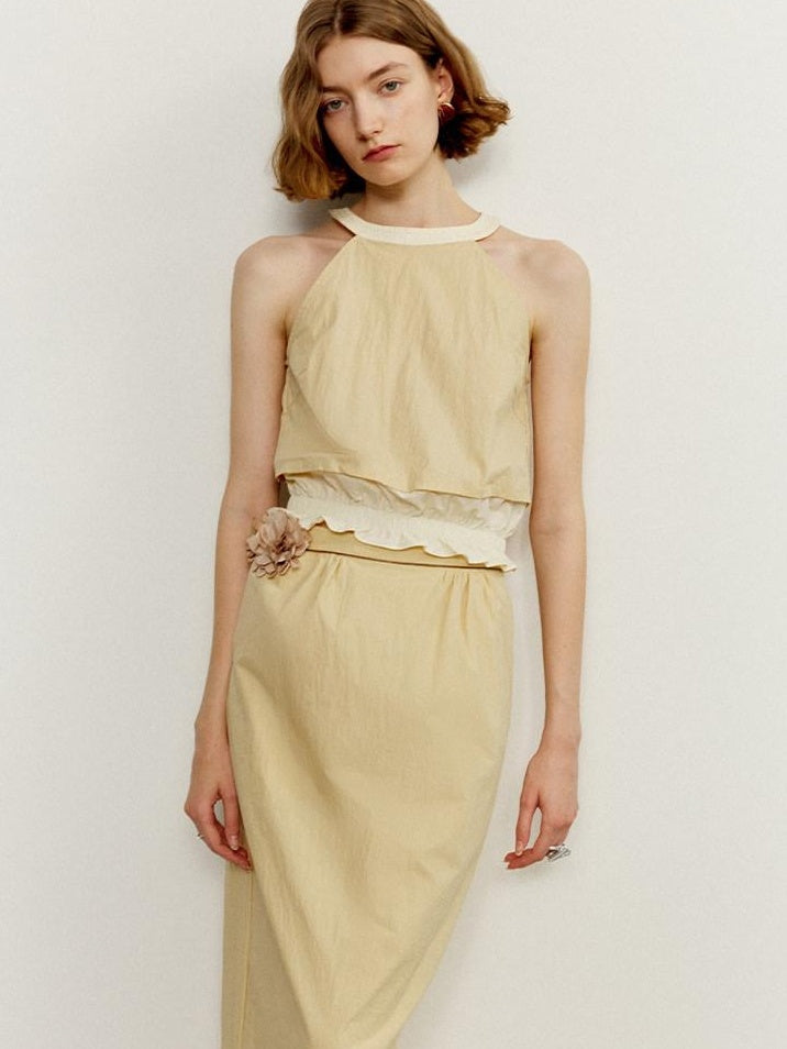 someonesometimes Ruffle Original Slim Fit Melon Halter Cotton Mix Top & Skirt Sets