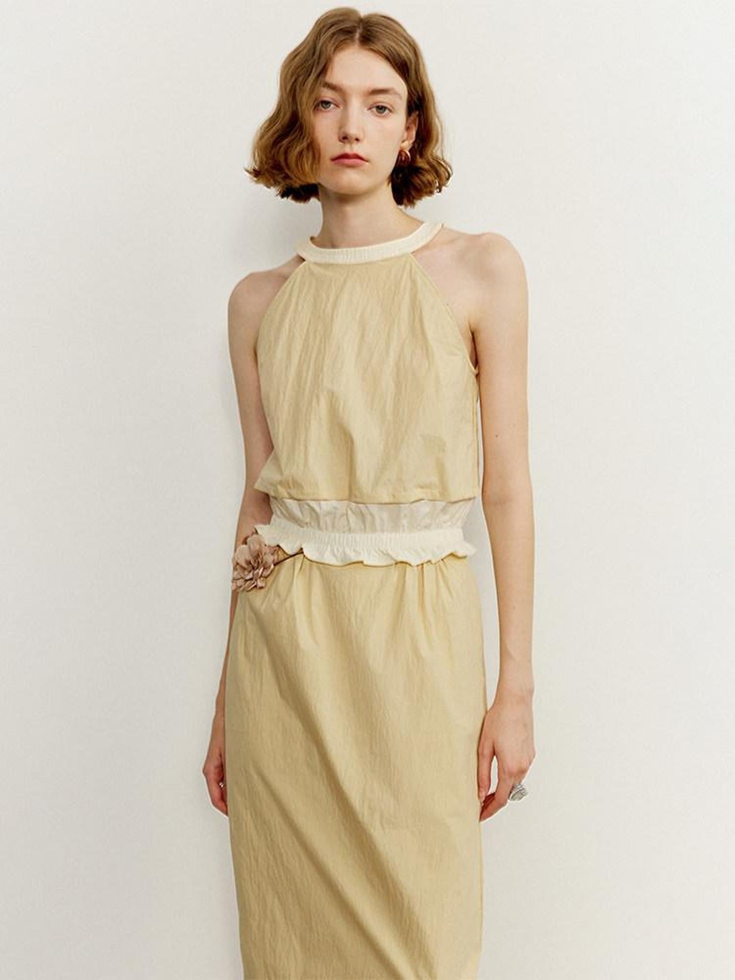 someonesometimes Ruffle Original Slim Fit Melon Halter Cotton Mix Top & Skirt Sets